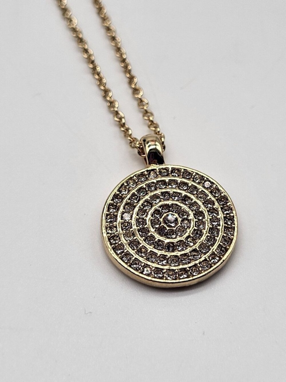 Gold Tone Medallion Pendant Necklace Spiral Circle with Rhinestones Minimalist C - Picture 1 of 10